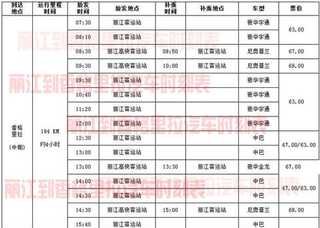 麗江到香格里拉汽車時(shí)刻表